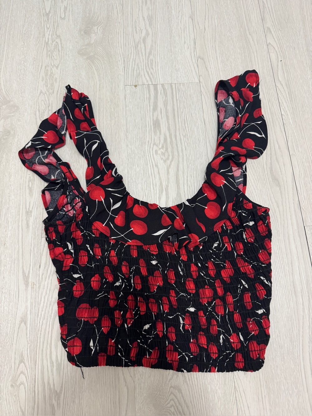 Free People Black Crop Top with Red Cherry Print